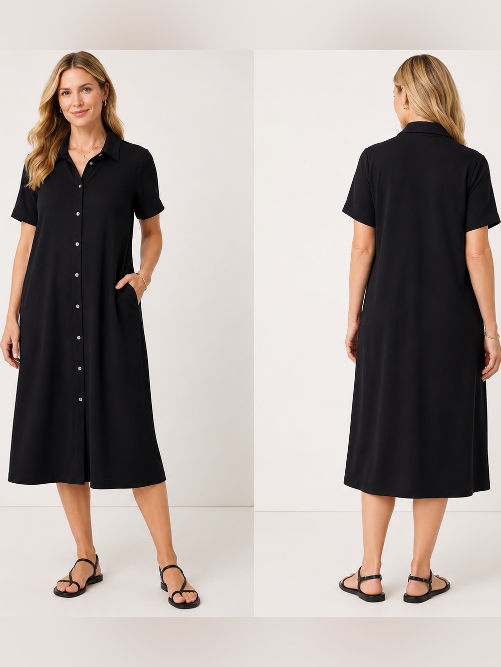 J.Jill Button-Up Collared Shirt Dress Black Soft Pima Cotton Blend Pockets S/S M